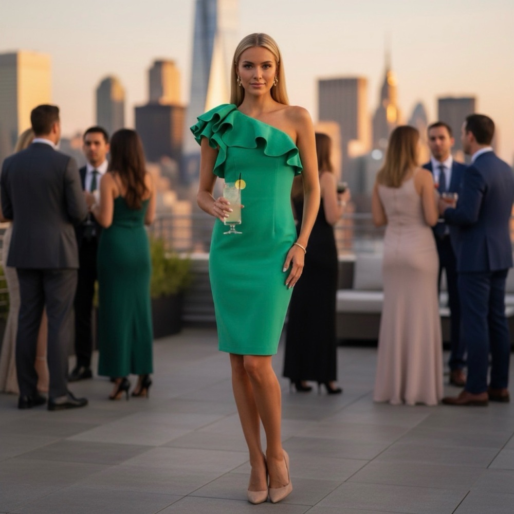 Eliza J Green One-Shoulder Ruffle Neck Scuba Midi Dress